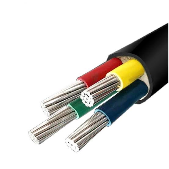Cut end of a 4-core cable showing stranded aluminium conductors in red, yellow, green, and blue insulation