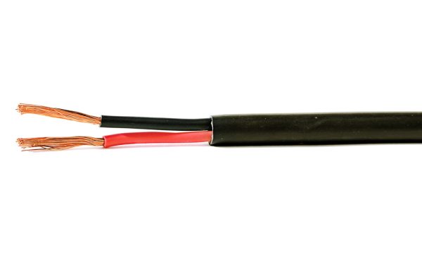 Flexible cable with the black outer sheath stripped back, showing a black and a red insulated core and the fine copper strands inside each
