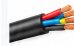 Illustration of a black-sheathed multicore cable with coloured cores and copper ends exposed